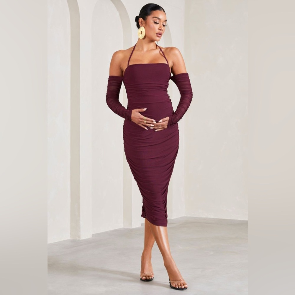 NWT Club L London Burgundy Ruched Halter Maternity Midi Dress Sz 12